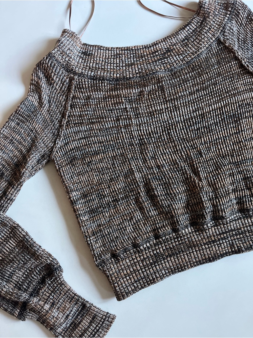 FREE PEOPLE Brown Marled Off-Shoulder Ribbed Women's Sweater, Size Medium